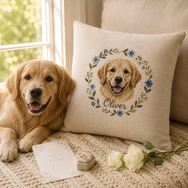 Custom Pet Portrait Embroidered Pillow, Embroidery Realistic Thread Painting Cat Dog Memorial Art, Personalized Memorial Gifts