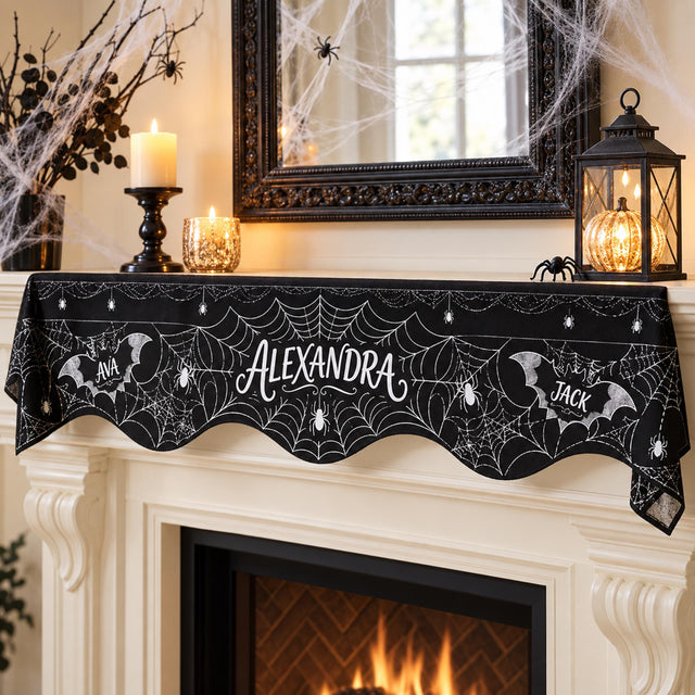 Personalized Halloween Fireplace Mantel Scarf, Custom Family and Individual Names with Spiderwebs Spiders and Gothic Bat Silhouettes Decor