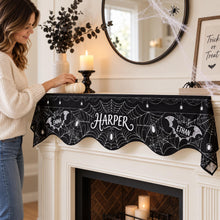 Personalized Halloween Fireplace Mantel Scarf, Custom Family and Individual Names with Spiderwebs Spiders and Gothic Bat Silhouettes Decor