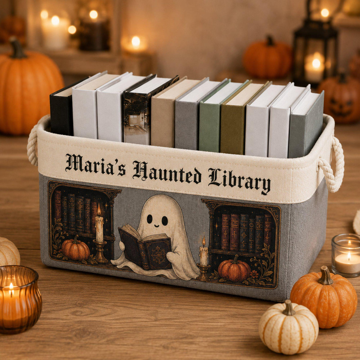 Custom Name Haunted Library Book Basket, Personalized Ghost Reading Storage Bin, Halloween Gift for Bookworm, Spooky Room Decor