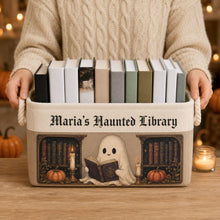 Custom Name Haunted Library Book Basket, Personalized Ghost Reading Storage Bin, Halloween Gift for Bookworm, Spooky Room Decor