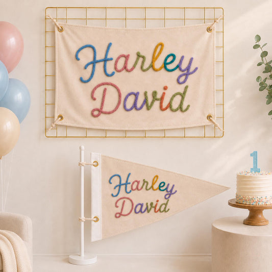 Custom Colorful Yarn Embroidered Name Canvas Banner, Personalized Nursery Pennant, Baby Shower Gift, Kids Room Decor