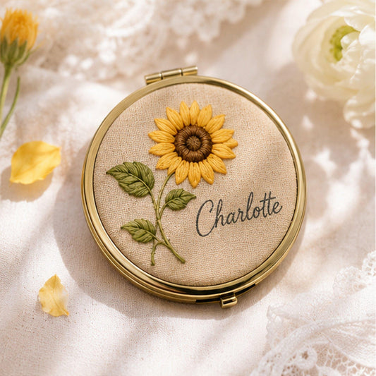 Personalized Hand Embroidered Name Compact Mirror, Custom Embroidery Floral Linen Pocket Mirror, Birthday Gift for Her Mom Grandma