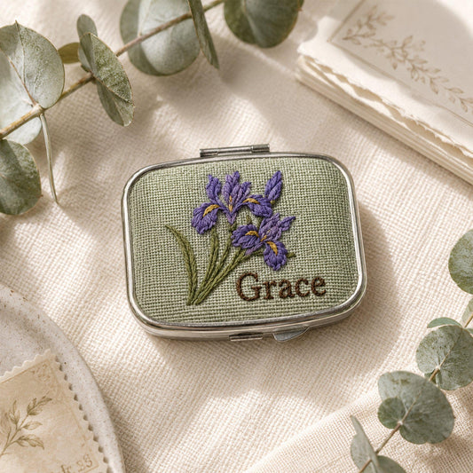 Personalized Hand Embroidered Name & Floral Pill Box, Custom Embroidery Flower Linen Jewelry Box, Bridesmaid Gift for Mom Bride