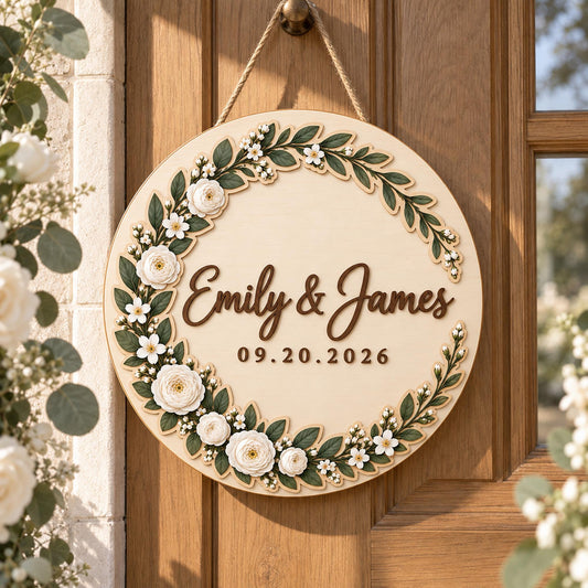 Personalized Wedding 2 Layer Wooden Door Sign, Custom Couple Names and Date Floral Greenery Wreath Door Hanger for Newlywed Home Decor