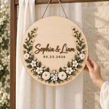 Personalized Wedding 2 Layer Wooden Door Sign, Custom Couple Names and Date Floral Greenery Wreath Door Hanger for Newlywed Home Decor