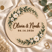 Personalized Wedding 2 Layer Wooden Door Sign, Custom Couple Names and Date Floral Greenery Wreath Door Hanger for Newlywed Home Decor