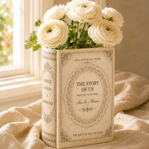 Custom Name Vintage Lace Frame Book Vase, Personalized Couple Ceramic Flower Vase, Wedding Keepsake, Anniversary Gift, Newlywed Home Decor