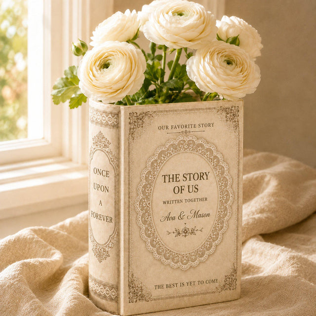Custom Name Vintage Lace Frame Book Vase, Personalized Couple Ceramic Flower Vase, Wedding Keepsake, Anniversary Gift, Newlywed Home Decor