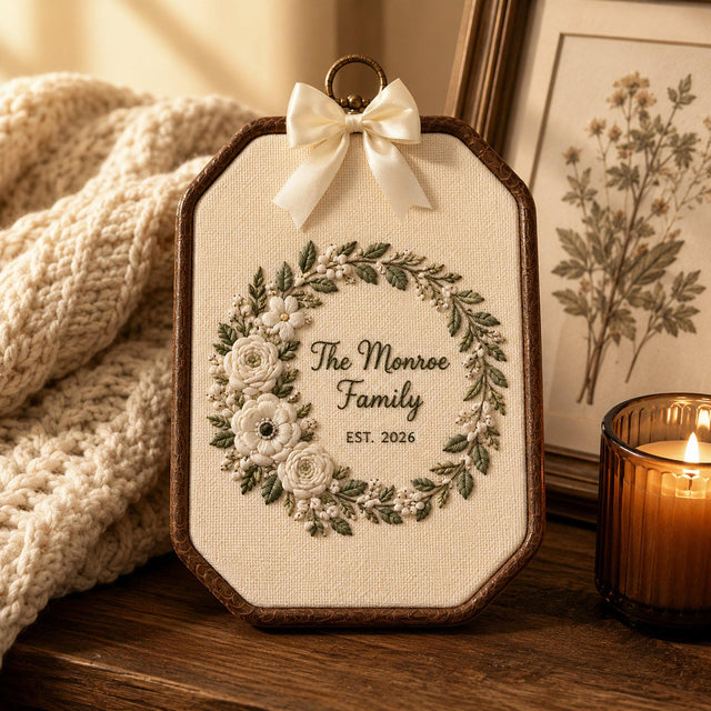 Custom Hand Embroidered Family Name Sign, Personalized Embroidery Floral Wreath Wall Art, Wedding Gift, Housewarming Gift, Family Keepsake