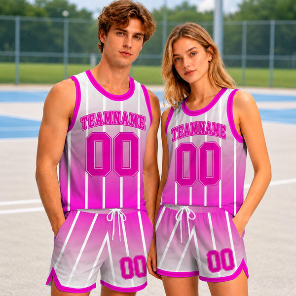 Custom Pink and White Basketball Jersey Set, Personalized Basketball Uniform with Team Name and Number, Gradient Striped Sports Outfit