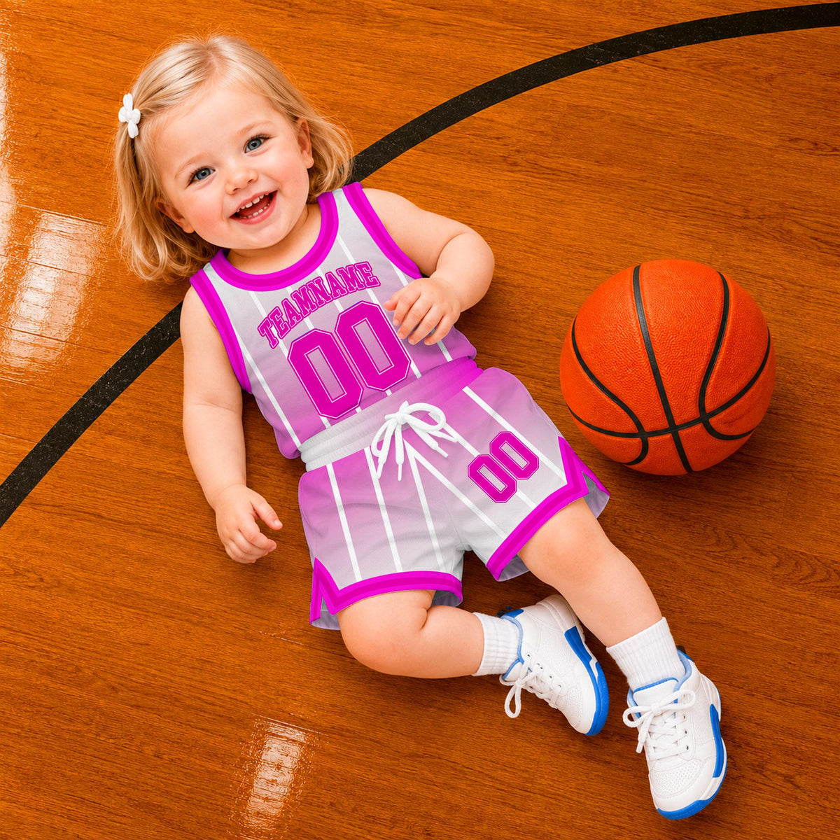 Custom Pink and White Basketball Jersey Set, Personalized Basketball Uniform with Team Name and Number, Gradient Striped Sports Outfit