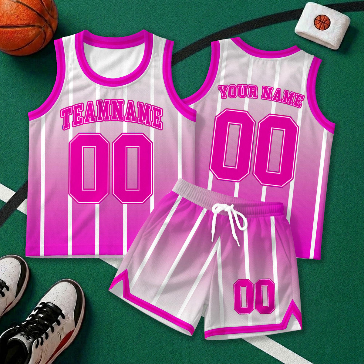 Custom Pink and White Basketball Jersey Set, Personalized Basketball Uniform with Team Name and Number, Gradient Striped Sports Outfit