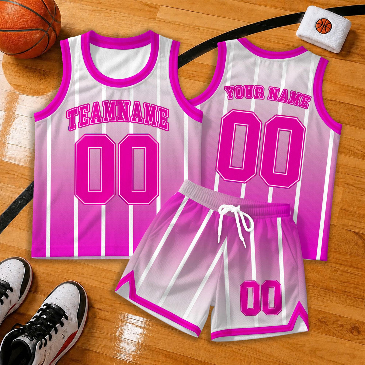 Custom Pink and White Basketball Jersey Set, Personalized Basketball Uniform with Team Name and Number, Gradient Striped Sports Outfit
