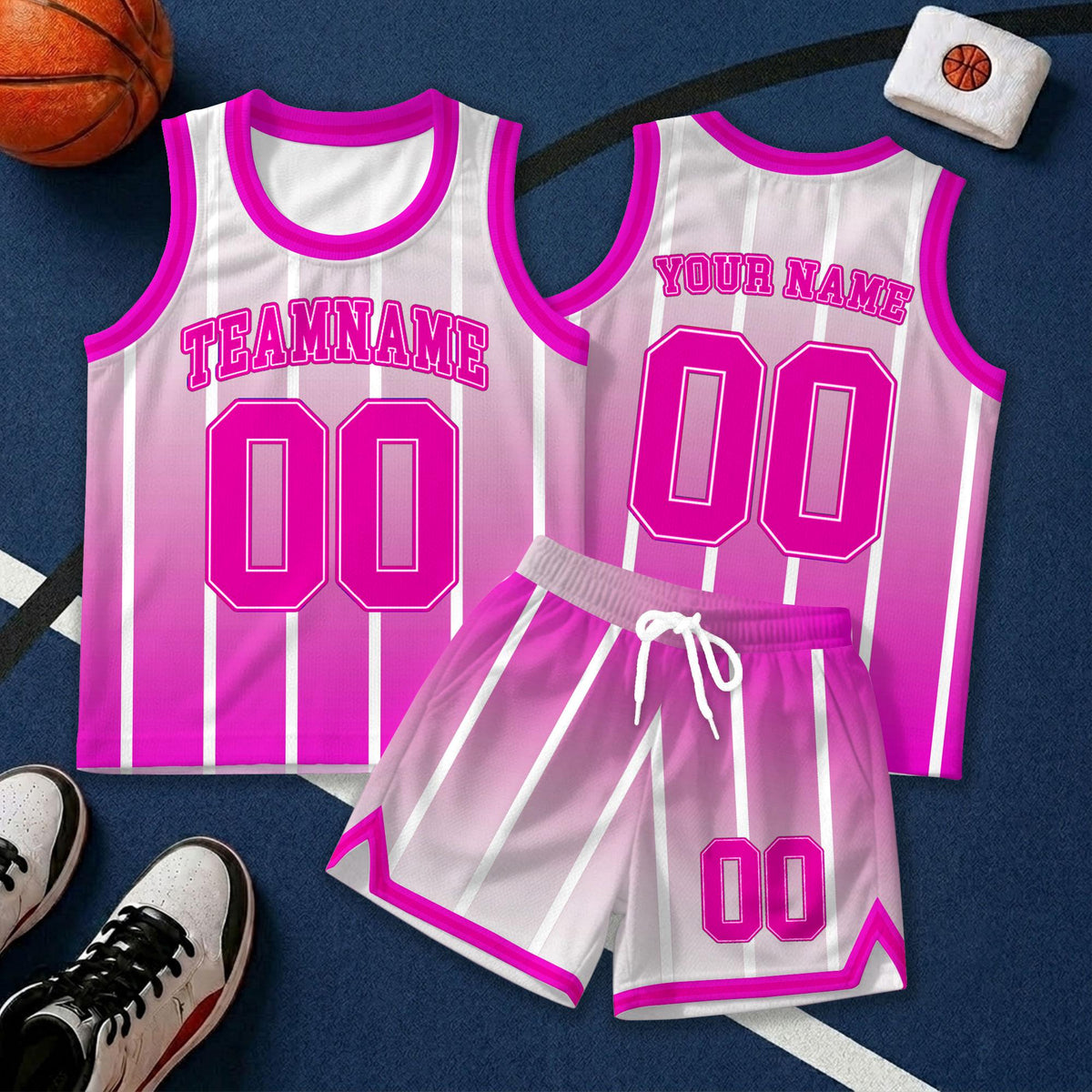 Custom Pink and White Basketball Jersey Set, Personalized Basketball Uniform with Team Name and Number, Gradient Striped Sports Outfit