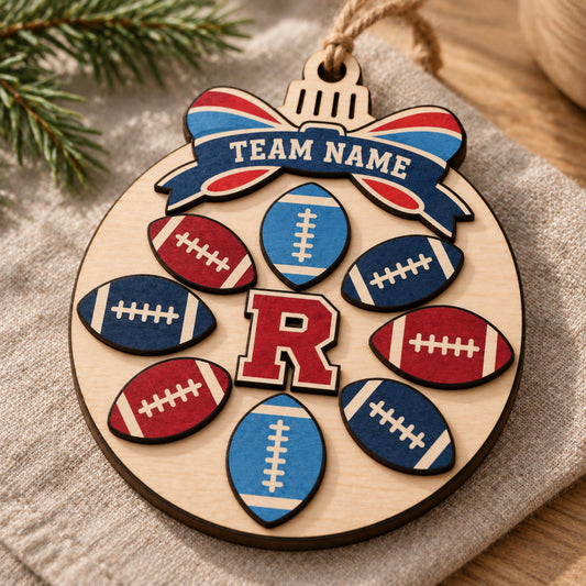 Personalized Football Monogram 2 Layer Wood Ornament, Custom Team Name Initial and Colors Christmas Bauble Sports Keepsake Gift