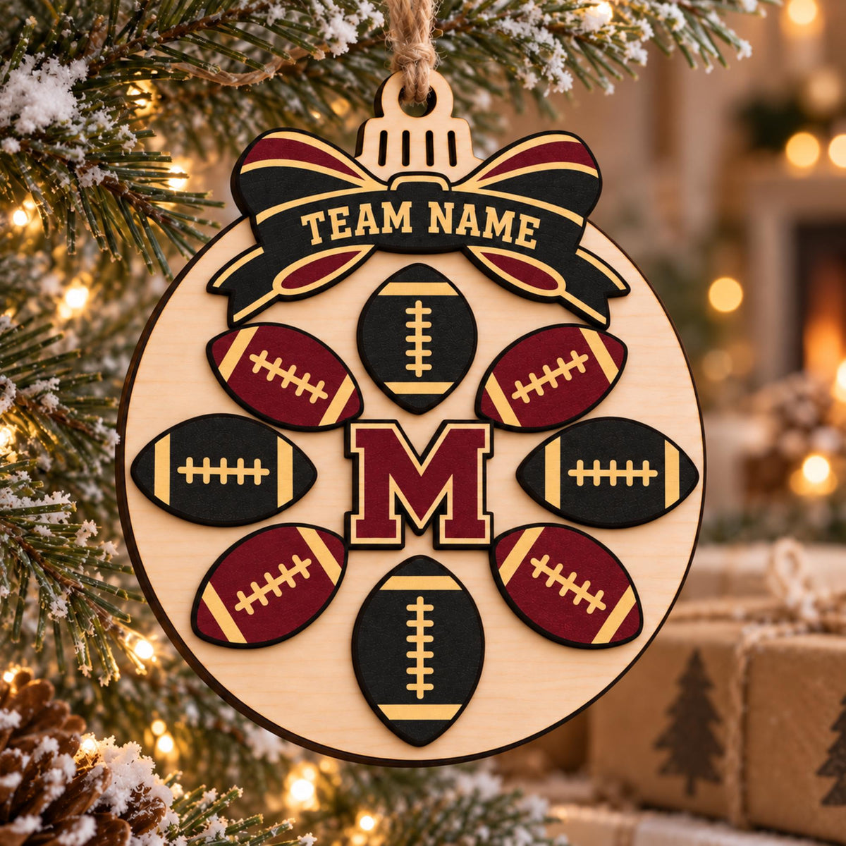 Personalized Football Monogram 2 Layer Wood Ornament, Custom Team Name Initial and Colors Christmas Bauble Sports Keepsake Gift