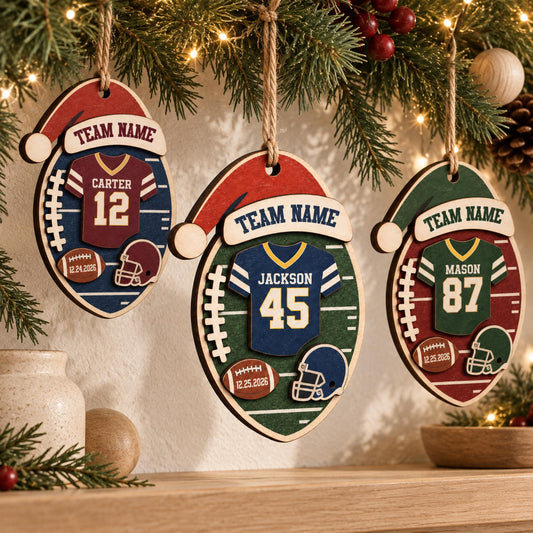 Personalized Football Jersey 2 Layer Wood Ornament, Custom Team Name Player Name Number Colors and Special Date Christmas Sports Keepsake