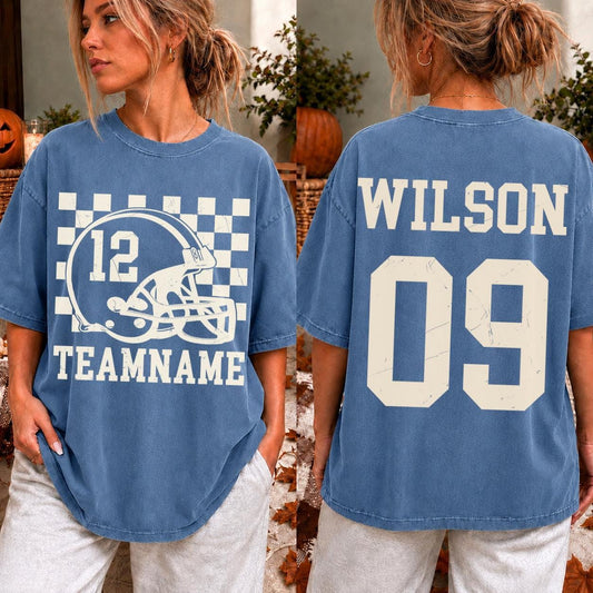 Personalized Name & Number Comfort Color Shirt, Custom Blue Football Mom Shirt, Game Day Checkered Helmet Graphic, Vintage Sports Jersey