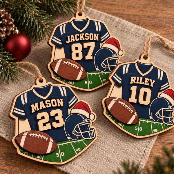 Personalized Football Jersey 2 Layer Wood Ornament, Custom Player Name Number and Team Colors Christmas Sports Keepsake Gift