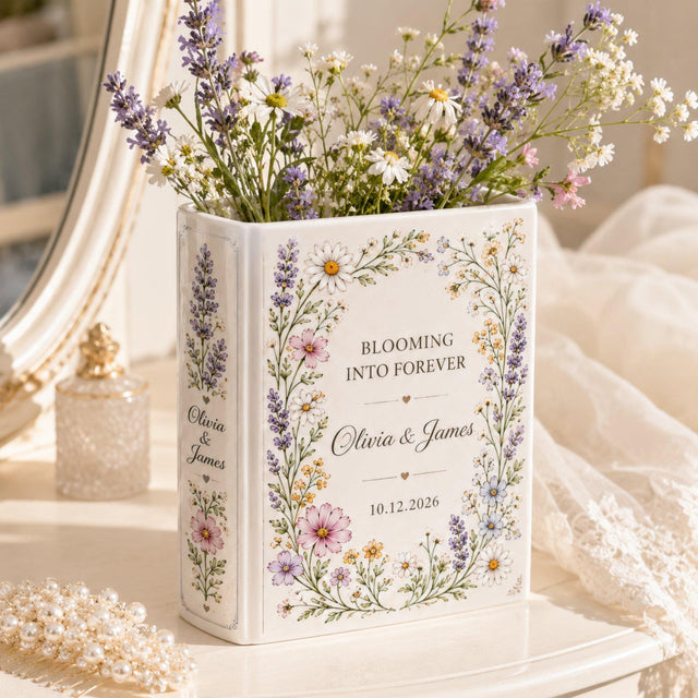 Custom Couple Name Floral Book Vase, Personalized Wildflower Ceramic Vase, Engagement Gift, Wedding Keepsake, Newlywed Home Decor