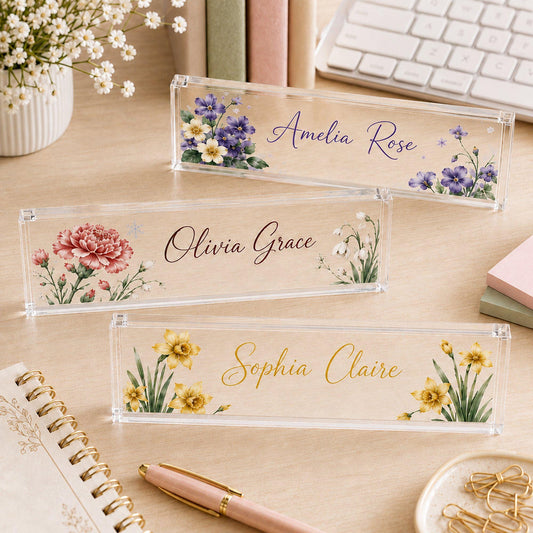 Custom Birth Month Flower Acrylic Name Plate, Personalized Floral Desk Sign, Gift for Coworker, Professional Name Plaque, Office Decor