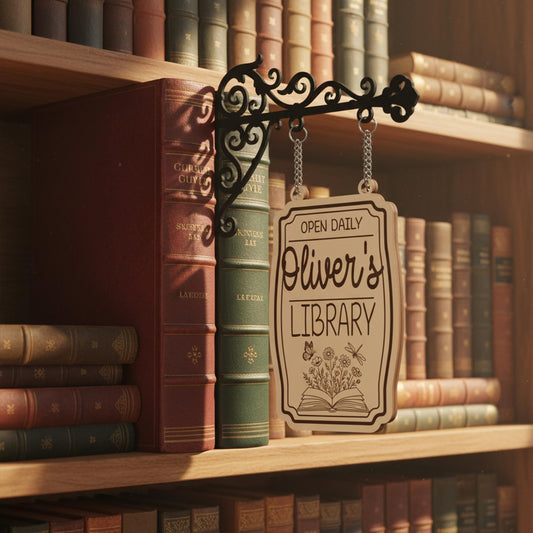 Vintage Custom Name Book Tavern Library Sign With Wooden Tag, Bookstore Floral Sign, Book Accessories Decor, Library Book Lover Gift