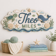 Personalized Ocean Nursery Name Sign, Custom 3D Wooden Baby Name Decor, Coastal Sea Theme Hanging Sign, Layered Wood for Baby Room Gift