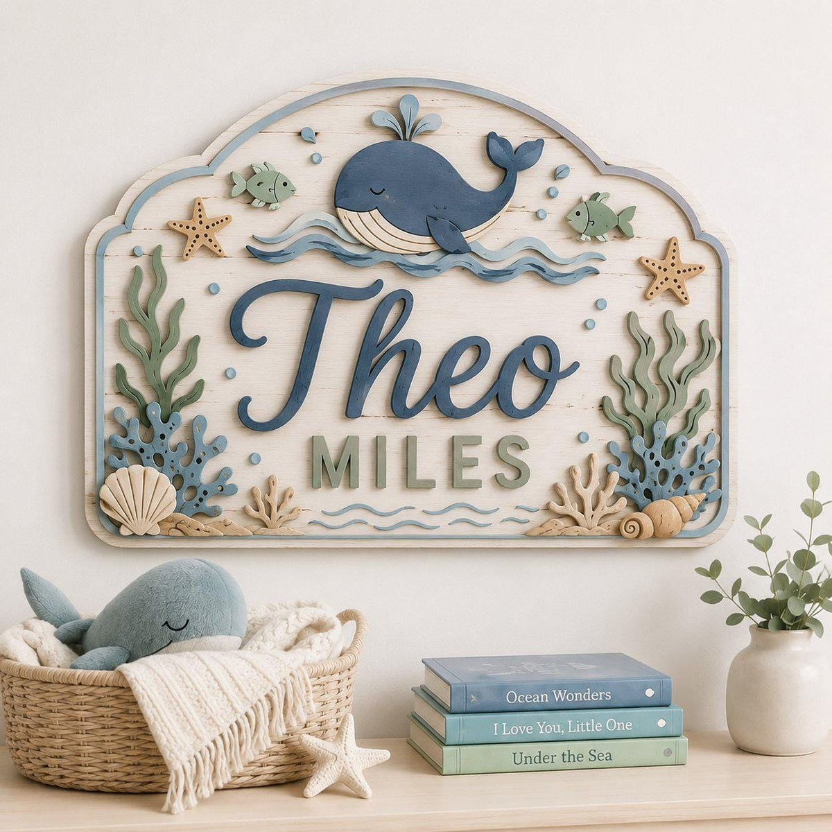 Personalized Ocean Nursery Name Sign, Custom 3D Wooden Baby Name Decor, Coastal Sea Theme Hanging Sign, Layered Wood for Baby Room Gift