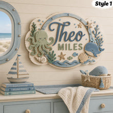 Personalized Ocean Nursery Name Sign, Custom 3D Wooden Baby Name Decor, Coastal Sea Theme Hanging Sign, Layered Wood for Baby Room Gift
