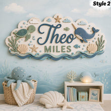 Personalized Ocean Nursery Name Sign, Custom 3D Wooden Baby Name Decor, Coastal Sea Theme Hanging Sign, Layered Wood for Baby Room Gift