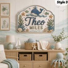 Personalized Ocean Nursery Name Sign, Custom 3D Wooden Baby Name Decor, Coastal Sea Theme Hanging Sign, Layered Wood for Baby Room Gift