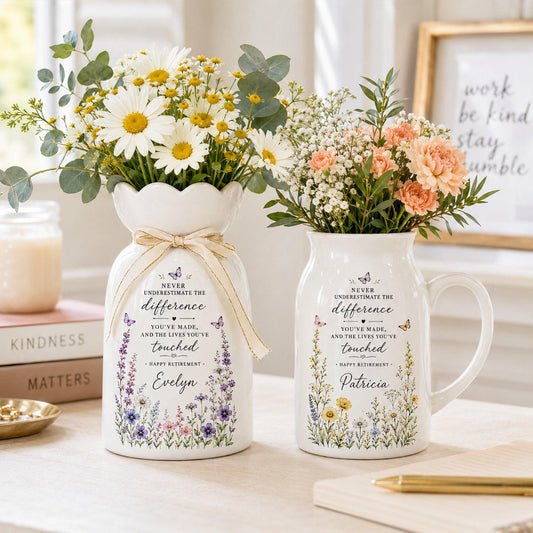 Custom Retirement Ceramic Flower Vase, Personalized Name Floral Vase, Gift for Teacher, Coworker, Mom, Grandma, Retirement Keepsake