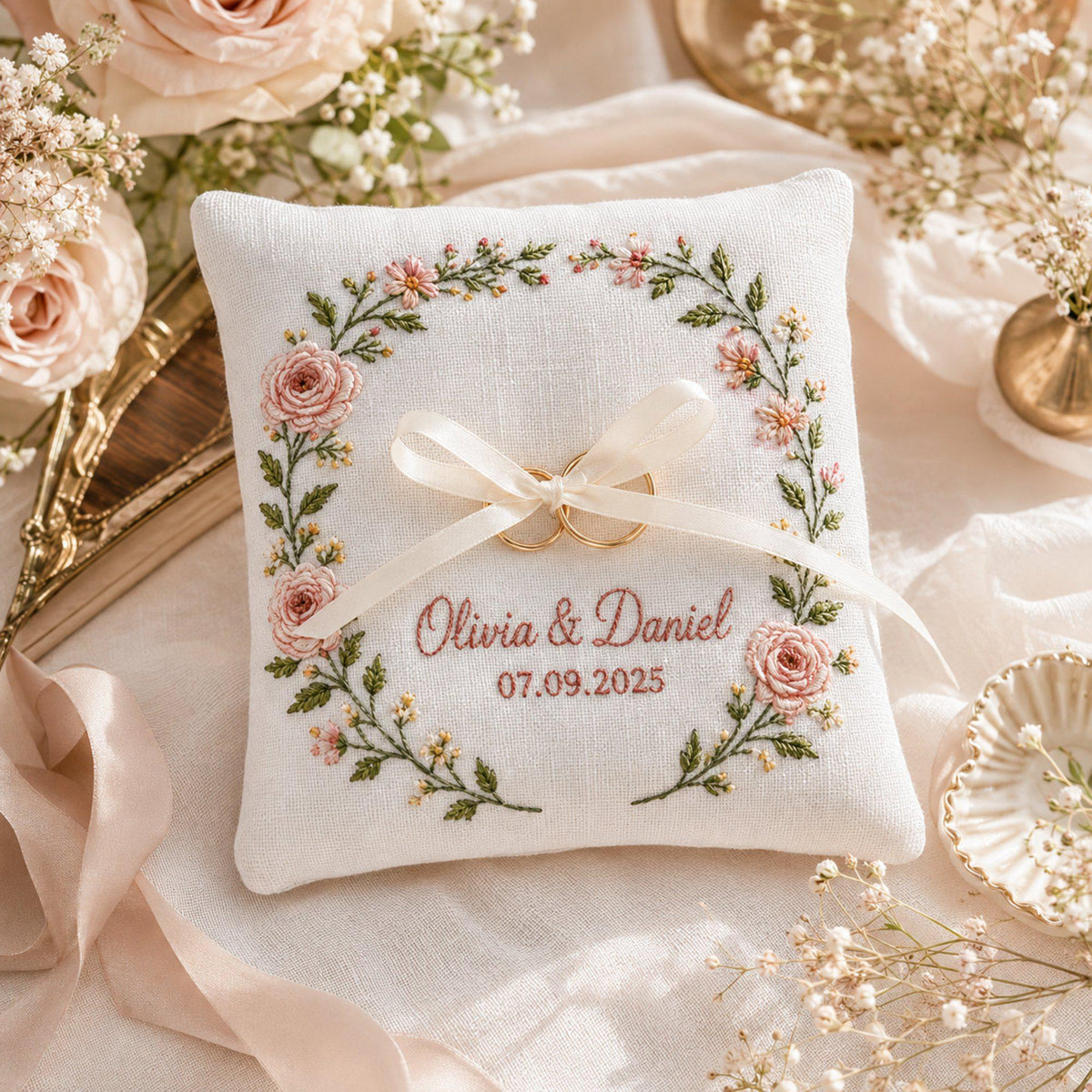 Custom Hand Embroidery Couple Name & Date Floral Frame Ring Bearer Pillow, Personalized Linen Wedding Cushion, Rustic Wedding Gift