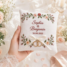 Custom Hand Embroidery Couple Name & Date Floral Frame Ring Bearer Pillow, Personalized Linen Wedding Cushion, Rustic Wedding Gift
