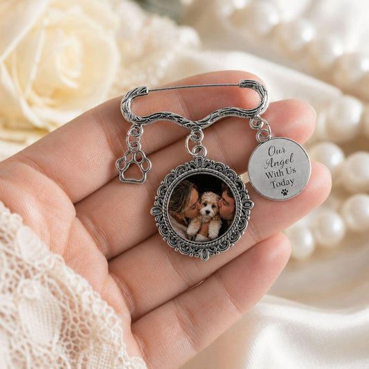 Custom Pet Memorial Wedding Photo Charm Pin, Personalized Dog Memorial Brooch, Bouquet Keepsake for Bride, Paw Charm Gift