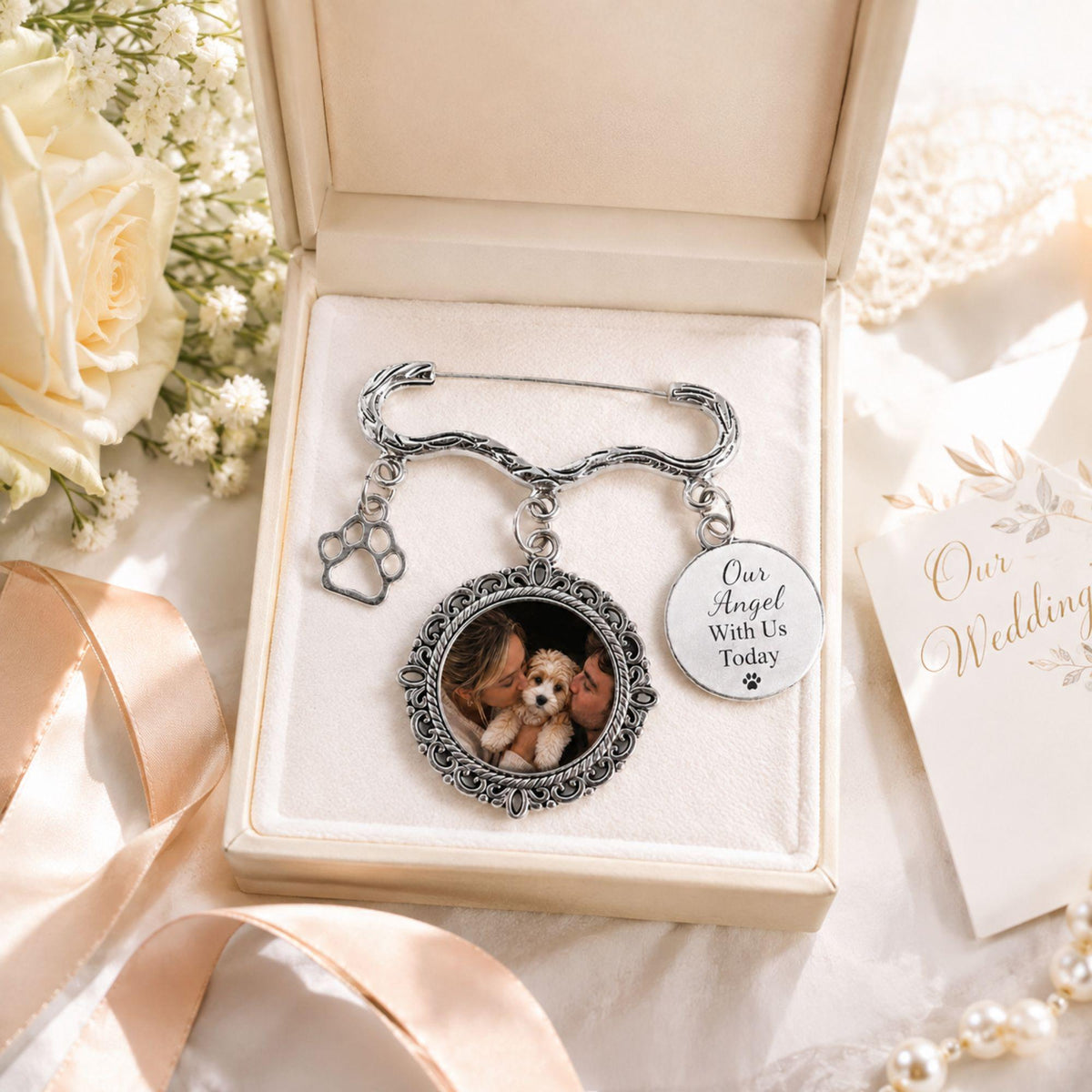 Custom Pet Memorial Wedding Photo Charm Pin, Personalized Dog Memorial Brooch, Bouquet Keepsake for Bride, Paw Charm Gift
