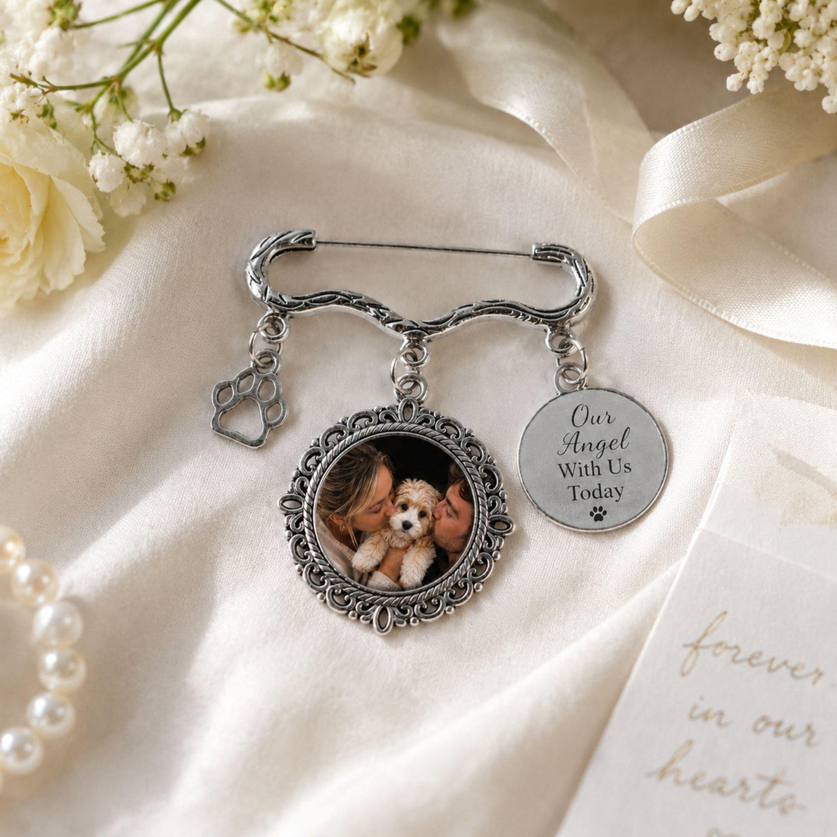 Custom Pet Memorial Wedding Photo Charm Pin, Personalized Dog Memorial Brooch, Bouquet Keepsake for Bride, Paw Charm Gift