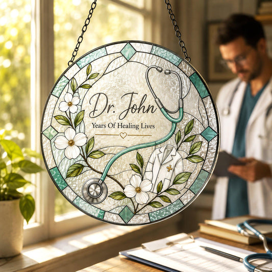 Custom Doctor Name Retirement Stained Glass Suncatcher, Personalized Medical Stethoscope Window Hanging, Retired Doctor Keepsake
