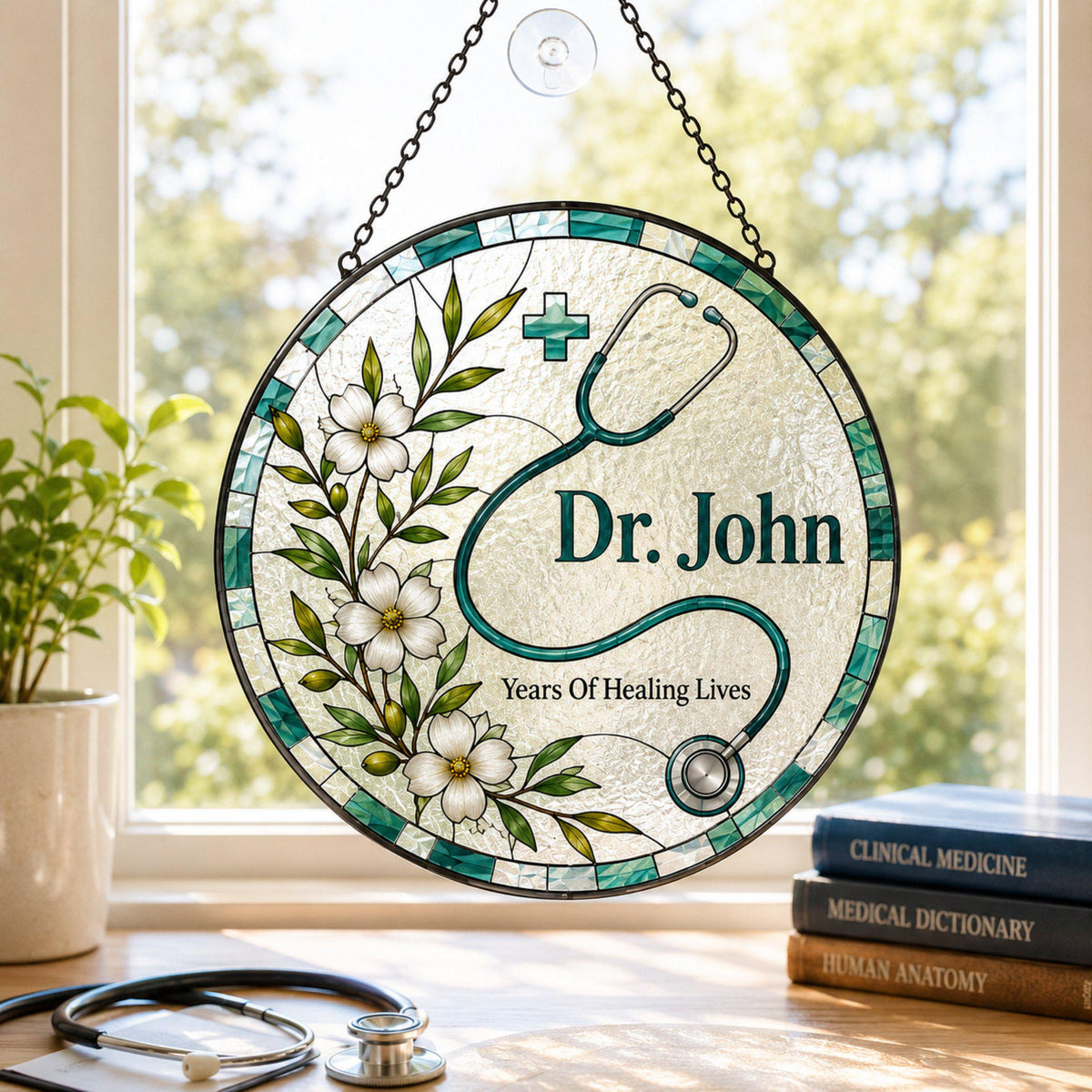 Custom Doctor Name Retirement Stained Glass Suncatcher, Personalized Medical Stethoscope Window Hanging, Retired Doctor Keepsake