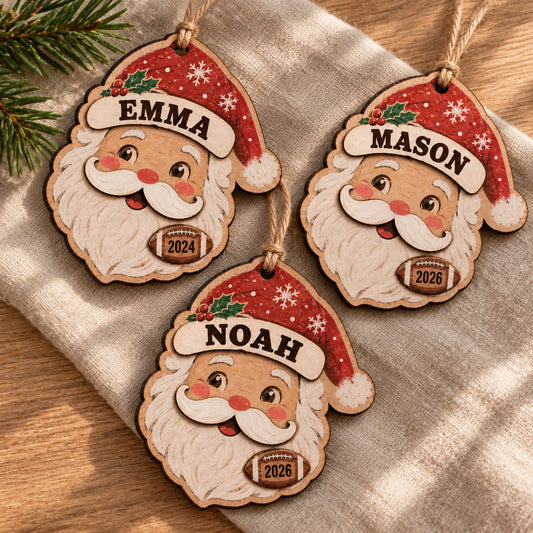 Personalized Santa Face 2 Layer Wood Ornament, Custom Name and Year Layered Beard Holly Hat Christmas Keepsake Gift for Kids and Family