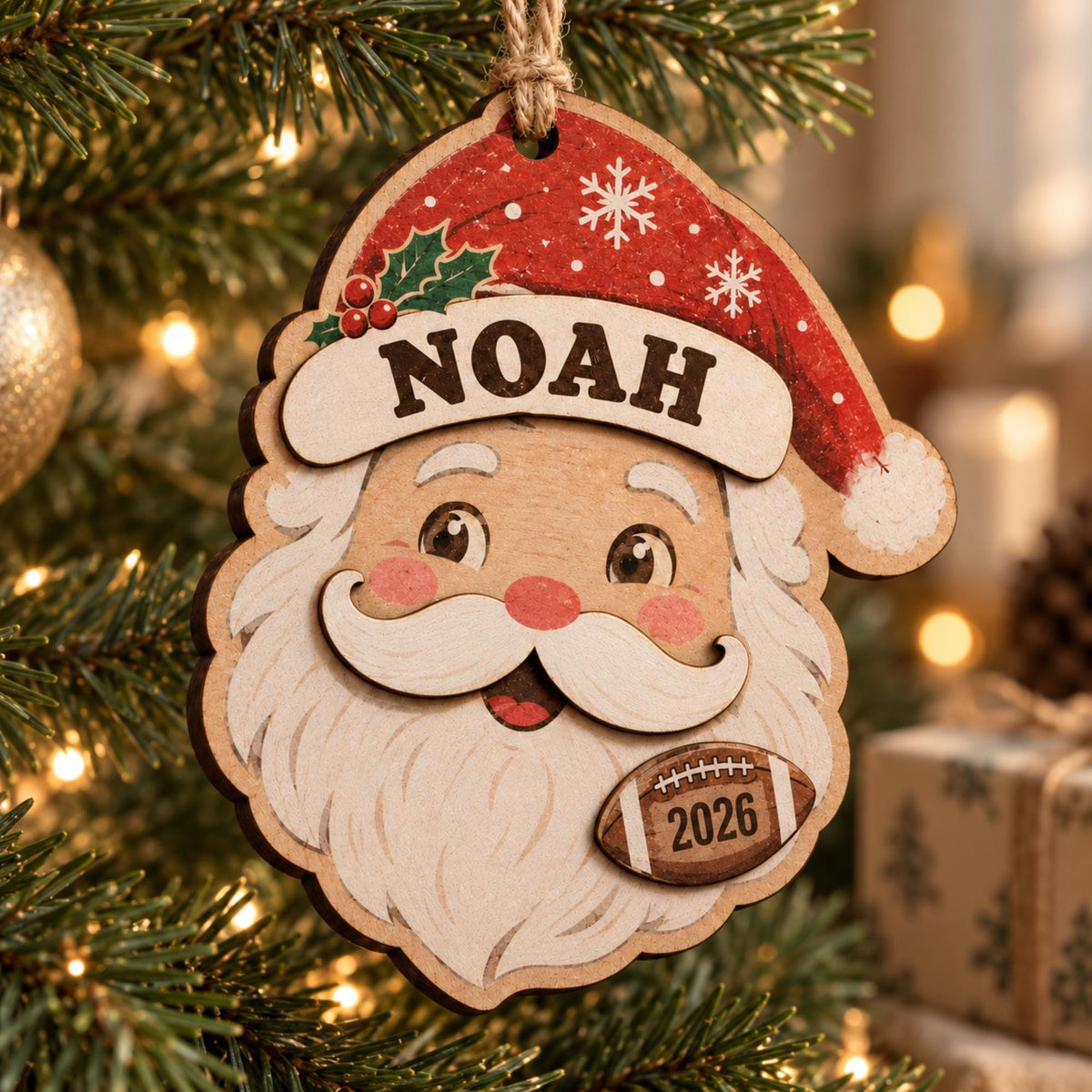 Personalized Santa Face 2 Layer Wood Ornament, Custom Name and Year Layered Beard Holly Hat Christmas Keepsake Gift for Kids and Family