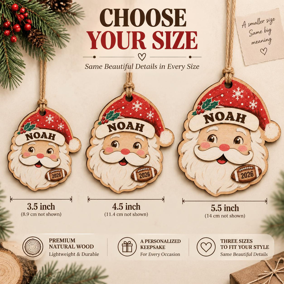 Personalized Santa Face 2 Layer Wood Ornament, Custom Name and Year Layered Beard Holly Hat Christmas Keepsake Gift for Kids and Family