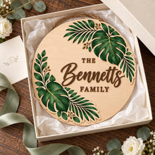 Personalized Tropical 2 Layer Wooden Door Sign, Custom Family Surname Monstera & Palm Leaf Door Hanger for Entryway Wedding or Housewarming