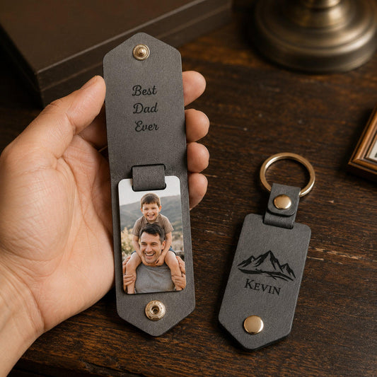 Custom Dad Name Leather Keychain, Personalized Photo Keyring, Best Dad Ever Gift, Christmas Gift For Him, Husband Birthday Gift