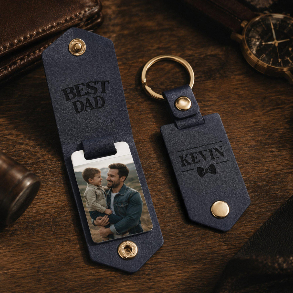 Custom Dad Name Leather Keychain, Personalized Photo Keyring, Best Dad Ever Gift, Christmas Gift For Him, Husband Birthday Gift