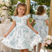 Custom Name Toile de Jouy Flower Girl Dress, Personalized Vintage Floral Ruffle Sleeve Dress, Toddler Party Outfit, Junior Bridesmaid Dress