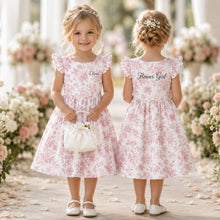 Custom Name Toile de Jouy Flower Girl Dress, Personalized Vintage Floral Ruffle Sleeve Dress, Toddler Party Outfit, Junior Bridesmaid Dress