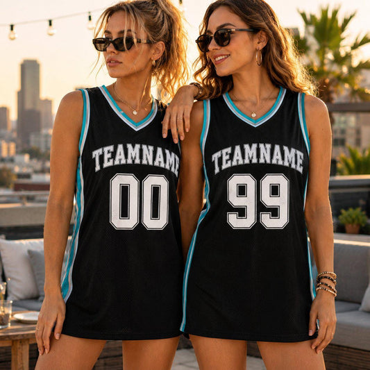 Custom Black Teal Basketball Jersey Dress, Personalized Team Name And Number Shirt, Women's Oversized Sports Tunic, Basketball Player Gift