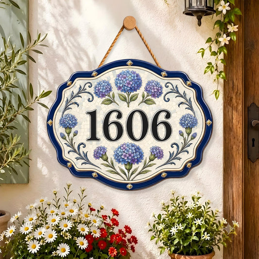 Personalized Hydrangea Wooden Door Sign, Floral House Number Plaque,  Address Sign